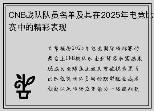 CNB战队队员名单及其在2025年电竞比赛中的精彩表现