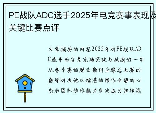 PE战队ADC选手2025年电竞赛事表现及关键比赛点评